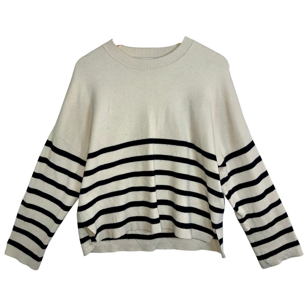 Abercrombie & Fitch Cream Black Striped Oversized Crewneck Sweater Womens Size L